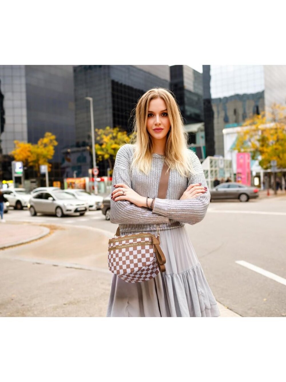 Women's Brown Spacious Checkered Double-Zipper Compartment Fashion Crossbody Bag - Picture 2 of 6